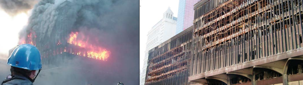 .FIG.1:WTC5 is an example of how steel-framed high-rises typically perform in large fires. It burned for over eight hours on September 11, 2001, and did not suffer a total collapse (Source: FEmA)