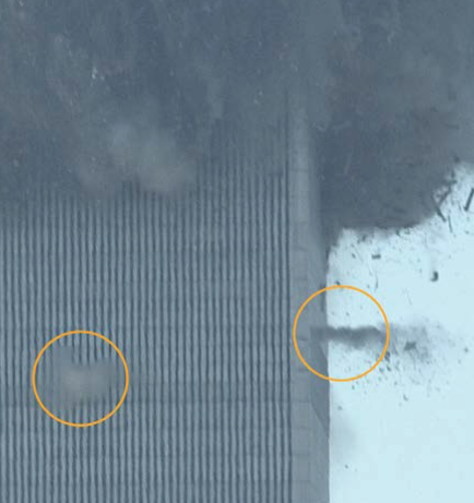 FIG. 5: High-velocity bursts of debris, or “squibs,” were ejected from point-like sources in WTC 1 and WTC 2, as many as 20 to 30 stories below the collapse front (Source: Noah K. murray).