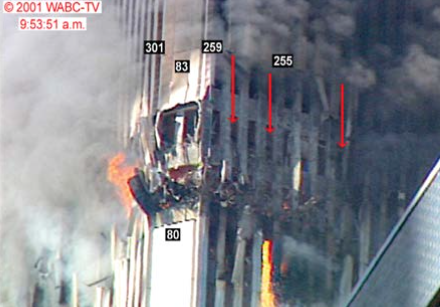 FIG. 6: molten metal was seen pouring out of WTC 2 continuously for the seven minutes leading up to its collapse (Sources: WABC-Tv, NIST).